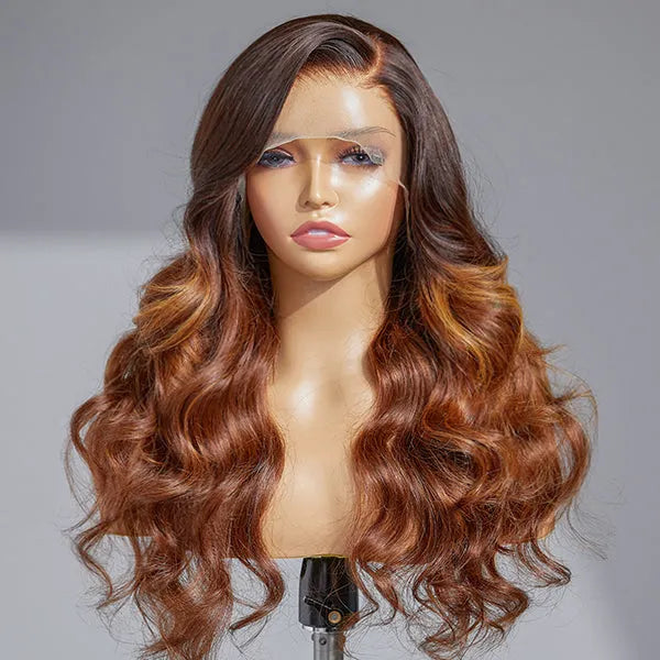 Amanda Honey Brown Highlight Glueless 13x4 Frontal Lace Side Part Long Wig | Large & Small Cap Size Main image
