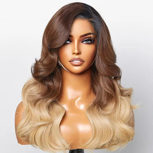 Brown Blonde Ombre Body Wave 5x5 Closure HD Lace Glueless Side Part Wig 100% Human Hair