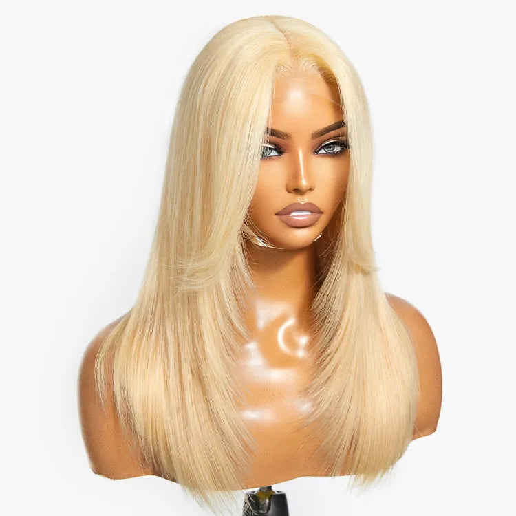 613 Blonde Curtain Bangs Layered Cut Glueless 5x5 Closure HD Lace Wig Main image