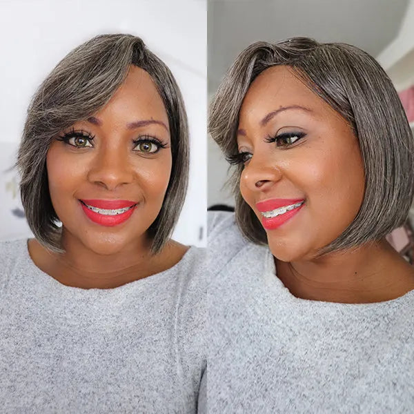 Throw On & Go Salt & Pepper Beginner Friendly Glueless No Lace Bob Wig with Bangs - US Only Secondary image