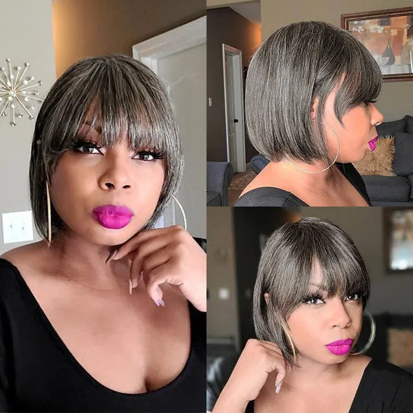 Throw On & Go Salt & Pepper Beginner Friendly Glueless No Lace Bob Wig with Bangs - US Only