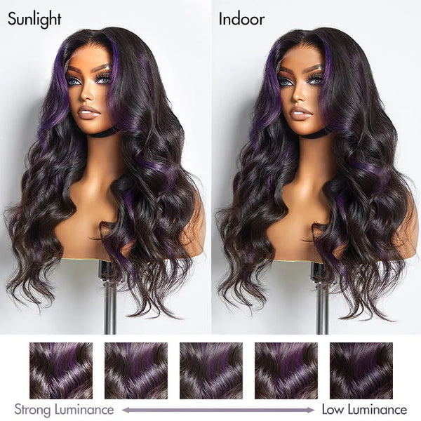 Purple Highlights Mid Part Loose Wave Glueless 5x5 Closure HD Lace Wig