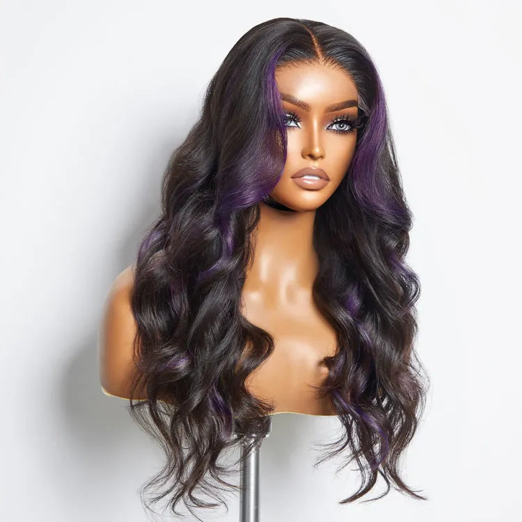 Purple Highlights Mid Part Loose Wave Glueless 5x5 Closure HD Lace Wig