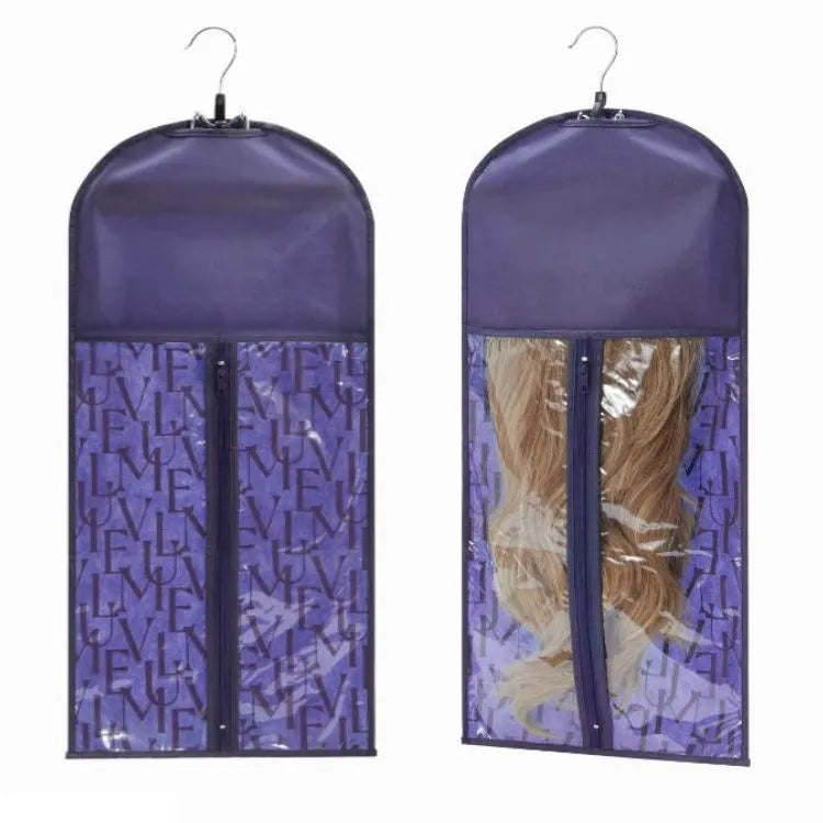 1pc/2pcs Portable Hair Extension Storage Wig Bags with Anti-slip Wooden Hanger & Transparent Zip Up Closure, M/L Sizes Main image