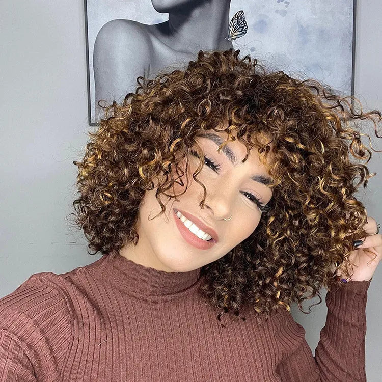 Throw On & Go Blonde Highlight Messy Curly No Lace Glueless Wig with Bangs