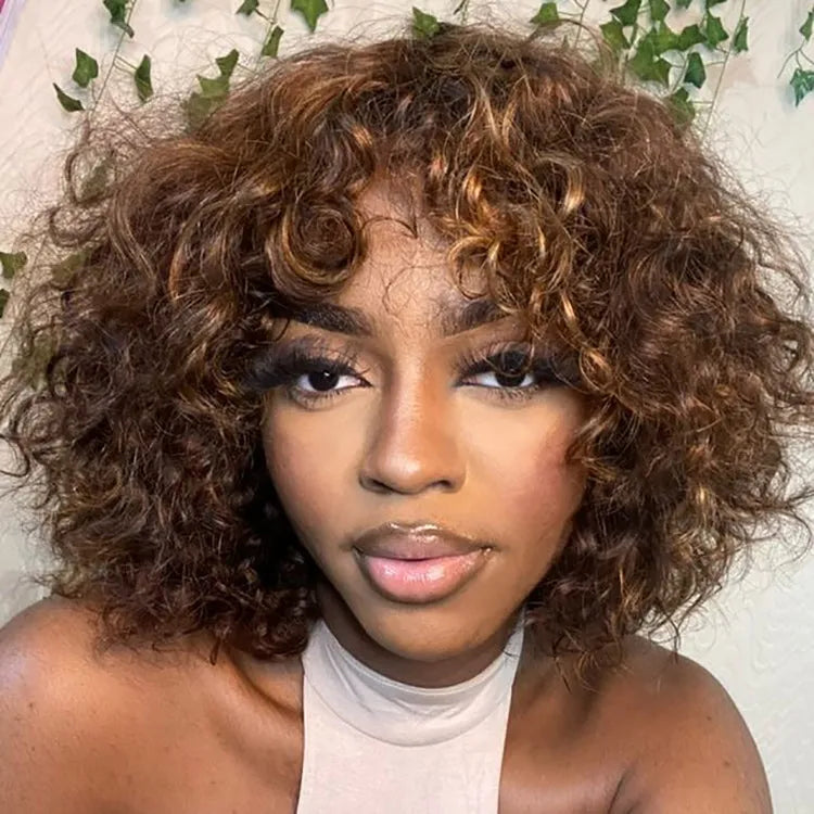 Throw On & Go Blonde Highlight Messy Curly No Lace Glueless Wig with Bangs