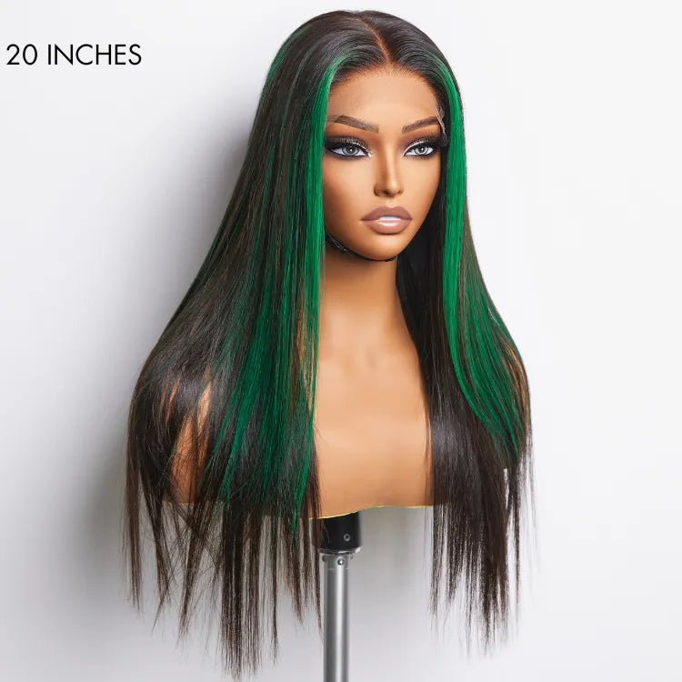 Green Highlight Silky Straight Glueless 5x5 Closure Lace Wig | Large & Small Cap Size