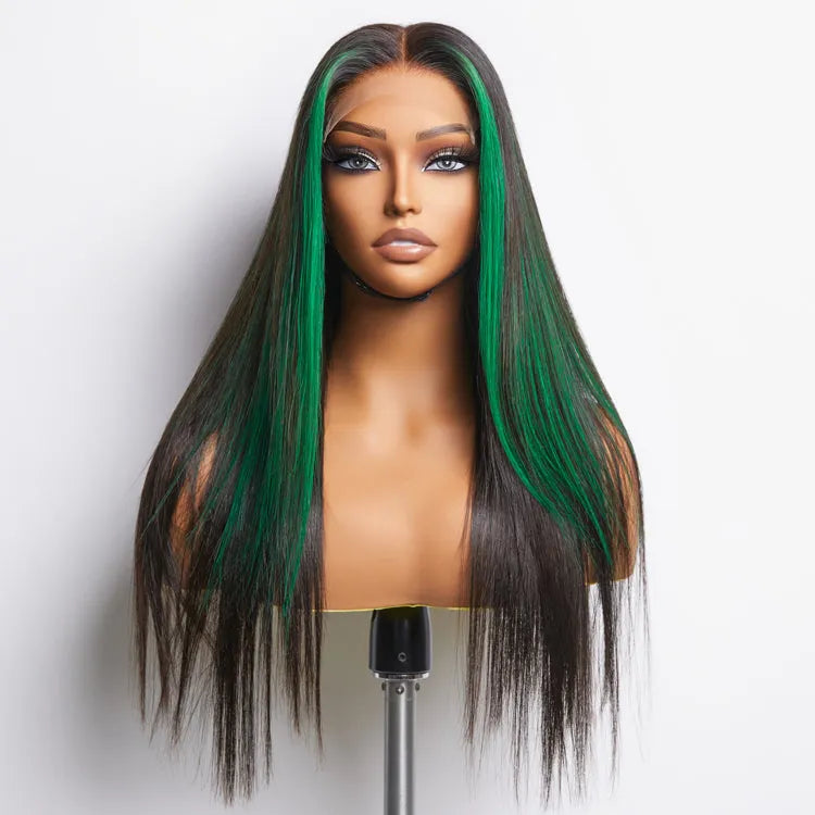Green Highlight Silky Straight Glueless 5x5 Closure Lace Wig | Large & Small Cap Size Secondary image