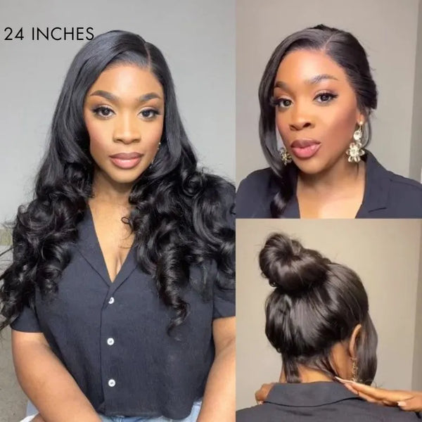 Glueless 13x6 Frontal Lace Natural Black Body Wave Side Part Long Wig 100% Human Hair - US Only