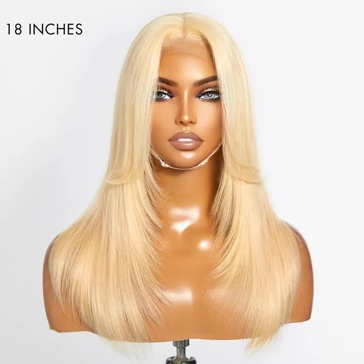 613 Blonde Curtain Bangs Layered Cut Glueless 5x5 Closure HD Lace Wig