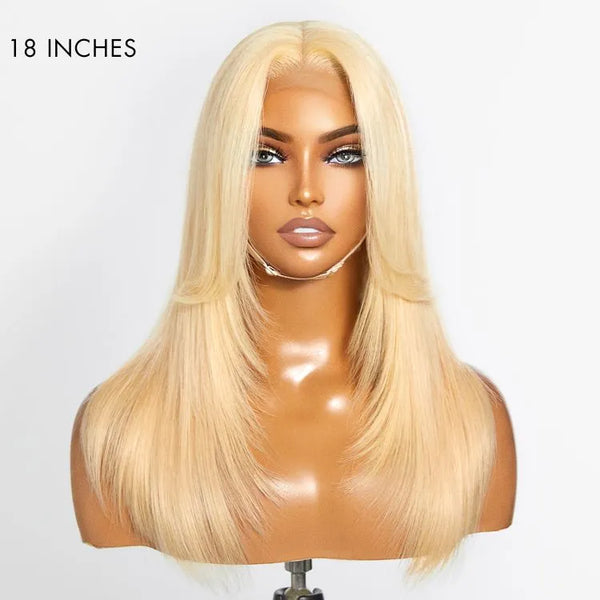 613 Blonde Curtain Bangs Layered Cut Glueless 5x5 Closure HD Lace Wig