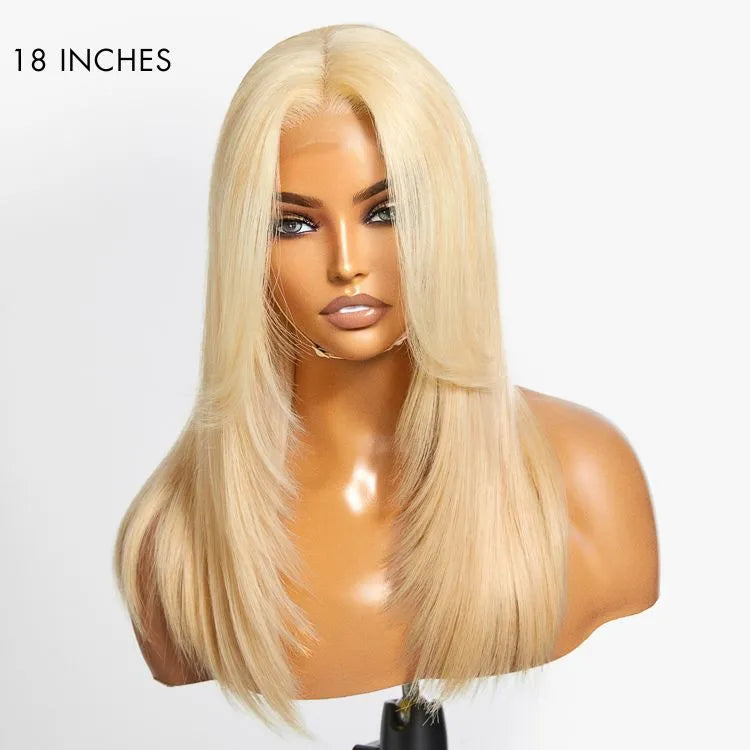 613 Blonde Curtain Bangs Layered Cut Glueless 5x5 Closure HD Lace Wig