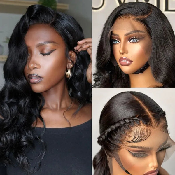 Glueless 13x6 Frontal Lace Natural Black Body Wave Side Part Long Wig 100% Human Hair - US Only