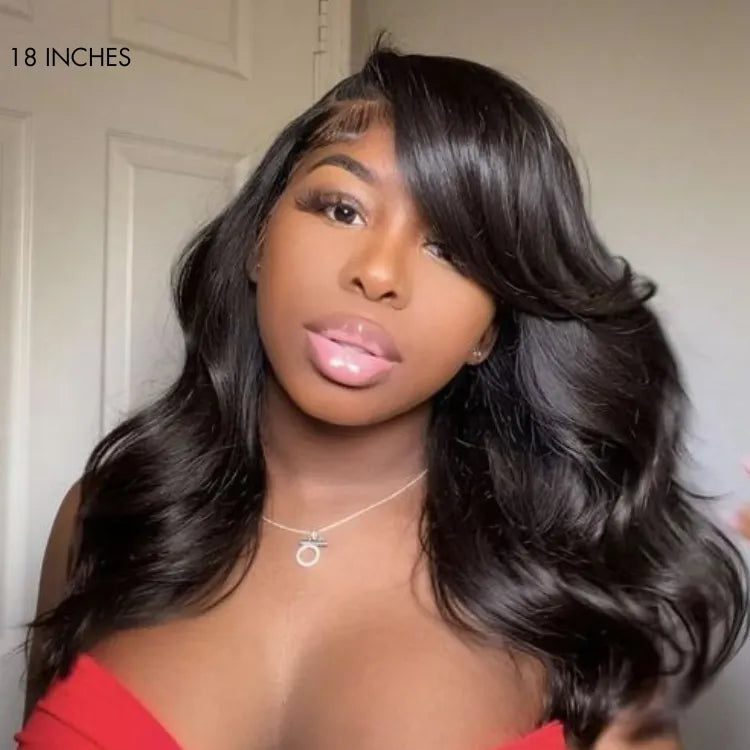 Graceful Natural Black Body Wave with Bangs 5x5 Closure Lace Glueless C Part Long Wig - US Only