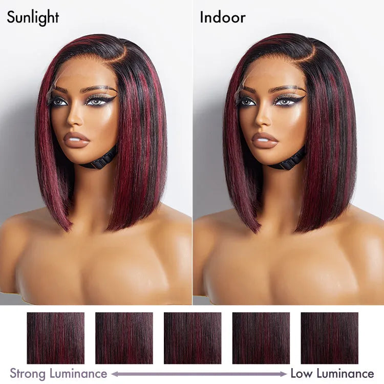 Dark Red Highlights Silky Blunt Cut C Part Glueless Minimalist HD Lace Bob Wig Beginner Friendly - US Only