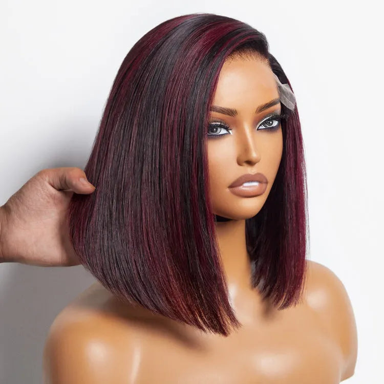 Dark Red Highlights Silky Blunt Cut C Part Glueless Minimalist HD Lace Bob Wig Beginner Friendly - US Only