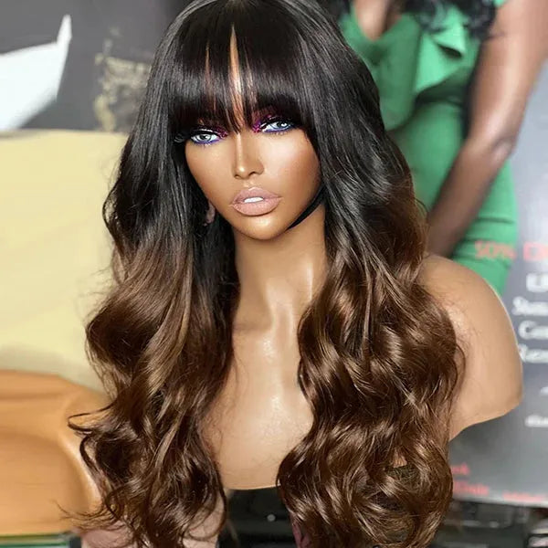 Letitia Chestnut Brown Ombre Loose Body Wave With Blunt Bangs 5x5 Closure Lace Glueless Wig | Large & Small Cap Size Secondary image