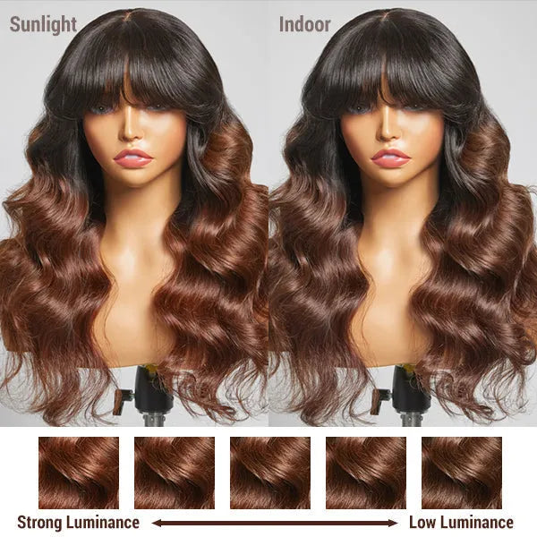 Letitia Chestnut Brown Ombre Loose Body Wave With Blunt Bangs 5x5 Closure Lace Glueless Wig | Large & Small Cap Size