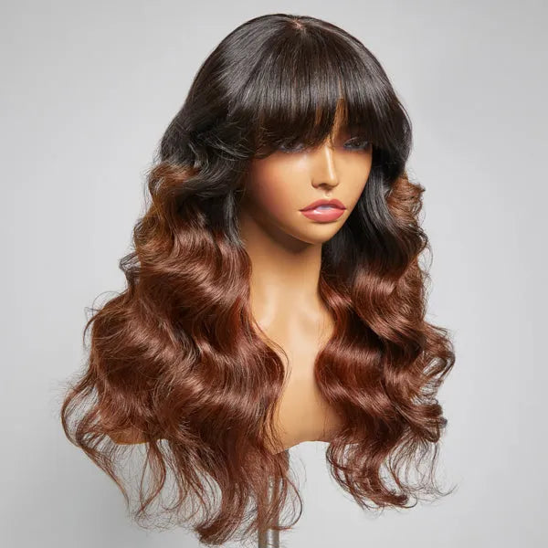 Letitia Chestnut Brown Ombre Loose Body Wave With Blunt Bangs 5x5 Closure Lace Glueless Wig | Large & Small Cap Size
