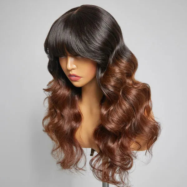 Letitia Chestnut Brown Ombre Loose Body Wave With Blunt Bangs 5x5 Closure Lace Glueless Wig | Large & Small Cap Size