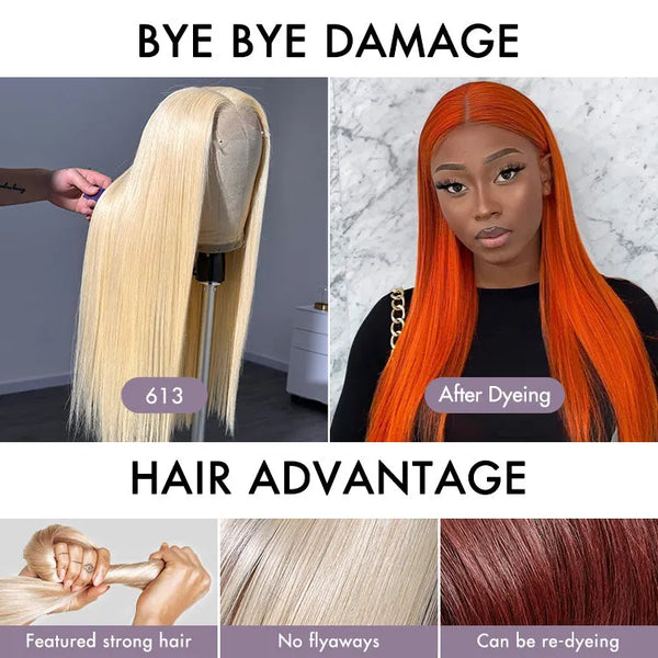 PreMax Wigs - 180% Density Easily Redyed 613 Silky Straight 5x5 Closure HD Lace Glueless Mid Part Long Wig Pre-cut & Plucked & Bleached