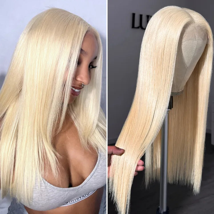 PreMax Wigs - 180% Density Easily Redyed 613 Silky Straight 5x5 Closure HD Lace Glueless Mid Part Long Wig Pre-cut & Plucked & Bleached Main image