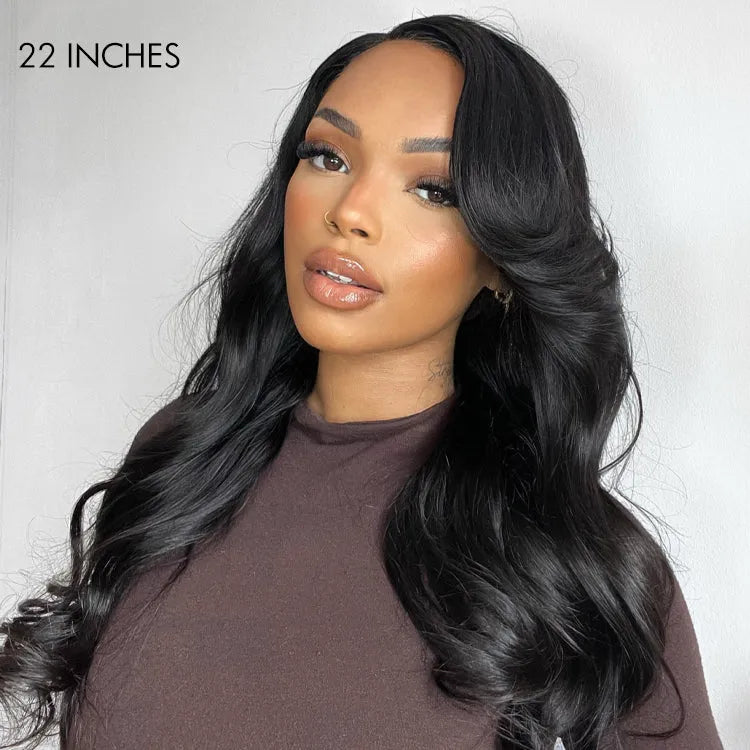 Graceful Natural Black Body Wave with Bangs 5x5 Closure Lace Glueless C Part Long Wig - US Only