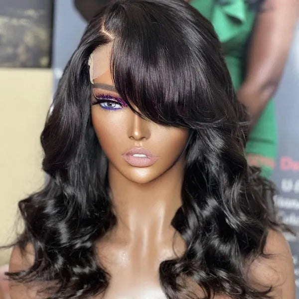 Graceful Natural Black Body Wave with Bangs 5x5 Closure Lace Glueless C Part Long Wig - US Only Main image