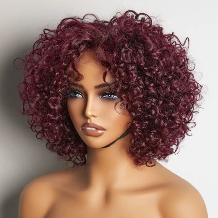 Trendy Burgundy Curly Bob Glueless Minimalist HD Lace T Part 99J Hair Color Wig 100% Human Hair  - US Only