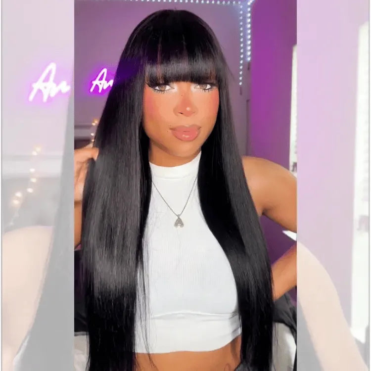 Breathable Cap Yaki Straight Ultra Natural Minimalist Lace Long Wig with Bangs Main image