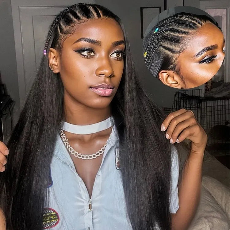 PreMax Wigs | 200% Density Natural Black Left Side Braids Straight 13x4 Frontal HD Lace Long Wig  - US Only Secondary image