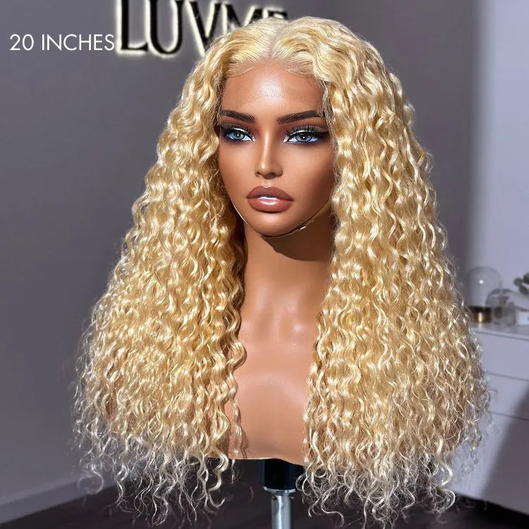 Golden Blonde 613 Water Wave Glueless 5x5 Closure Invisible HD Lace Long Blonde Curly Wig 100% Human Hair