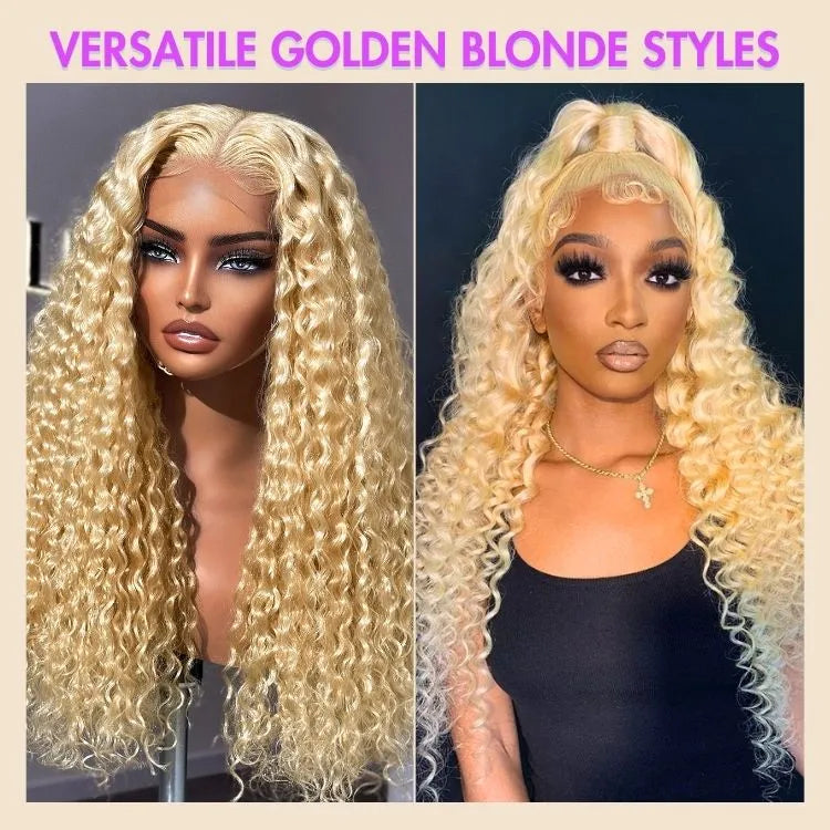 Golden Blonde 613 Water Wave Glueless 5x5 Closure Invisible HD Lace Long Blonde Curly Wig 100% Human Hair
