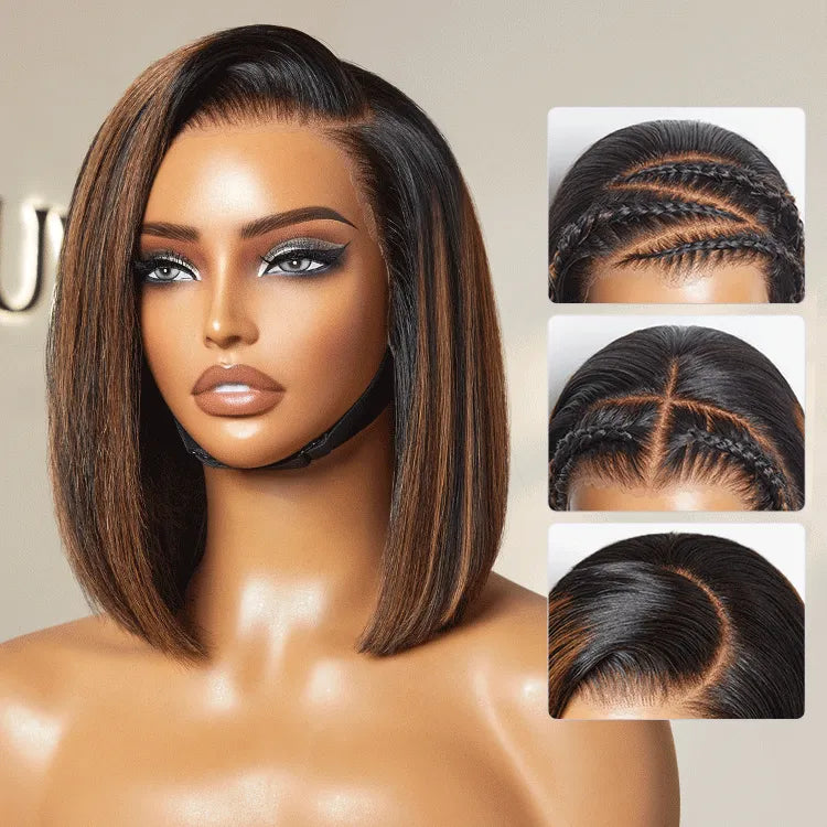 PreMax Wigs | Natural Looking Brown Highlight Silky Blunt Cut Bob Glueless 13x4 Frontal Pre-Cut Lace Wig Main image