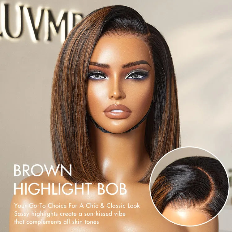 PreMax Wigs | Natural Looking Brown Highlight Silky Blunt Cut Bob Glueless 13x4 Frontal Pre-Cut Lace Wig Secondary image