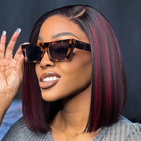 Dark Red Highlights Silky Blunt Cut C Part Glueless Minimalist HD Lace Bob Wig Beginner Friendly - US Only