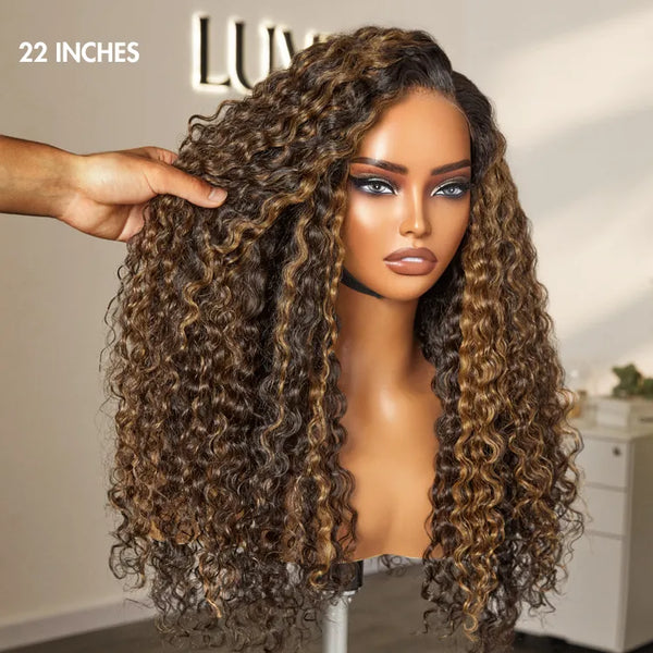 Brown Highlights Funmi Curly Glueless 5x5 Closure Lace Long Curly Wig Beginner Friendly- US Only