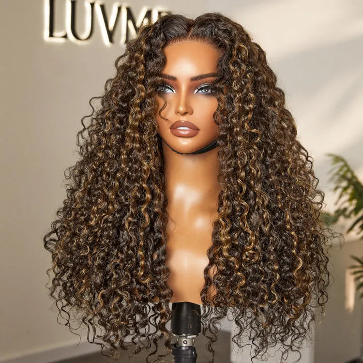 Brown Highlights Funmi Curly Glueless 5x5 Closure Lace Long Curly Wig Beginner Friendly- US Only Main image