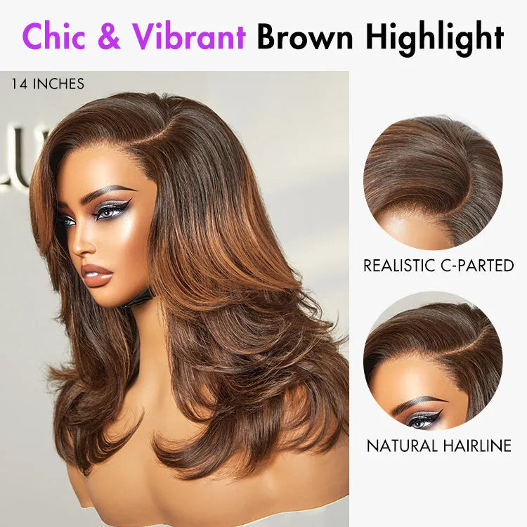 Effortlessly Chic Butterfly Haircut Pre-Layered Cut Brown Highlight Glueless Minimalist HD Lace Shoulder Length Wig