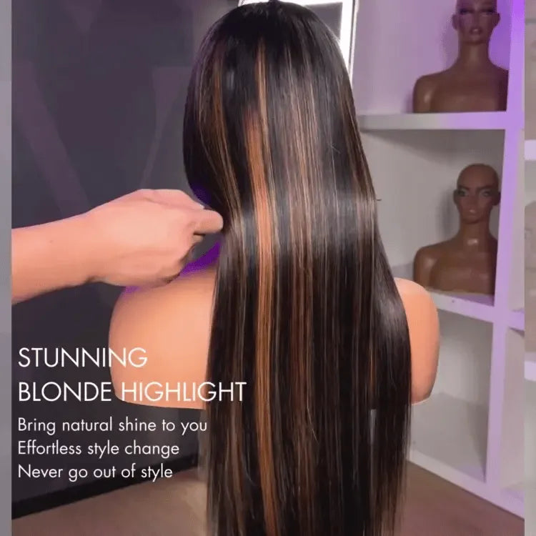 PreMax Wigs | Ultra Natural Hairline Brown Highlight Silky Straight Glueless 13x4 Frontal Lace Long Wig Pre-Cut Lace Secondary image