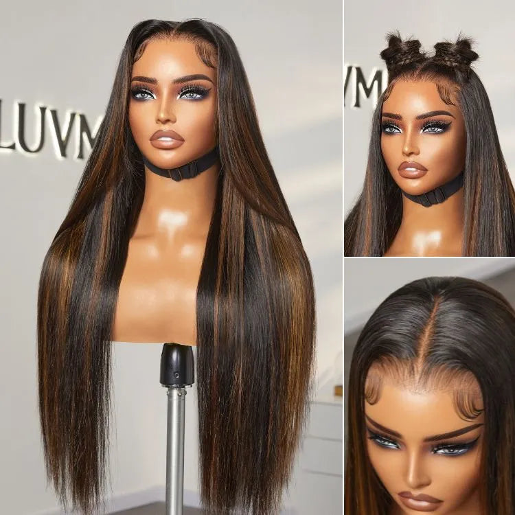 PreMax Wigs | Ultra Natural Hairline Brown Highlight Silky Straight Glueless 13x4 Frontal Lace Long Wig Pre-Cut Lace Main image