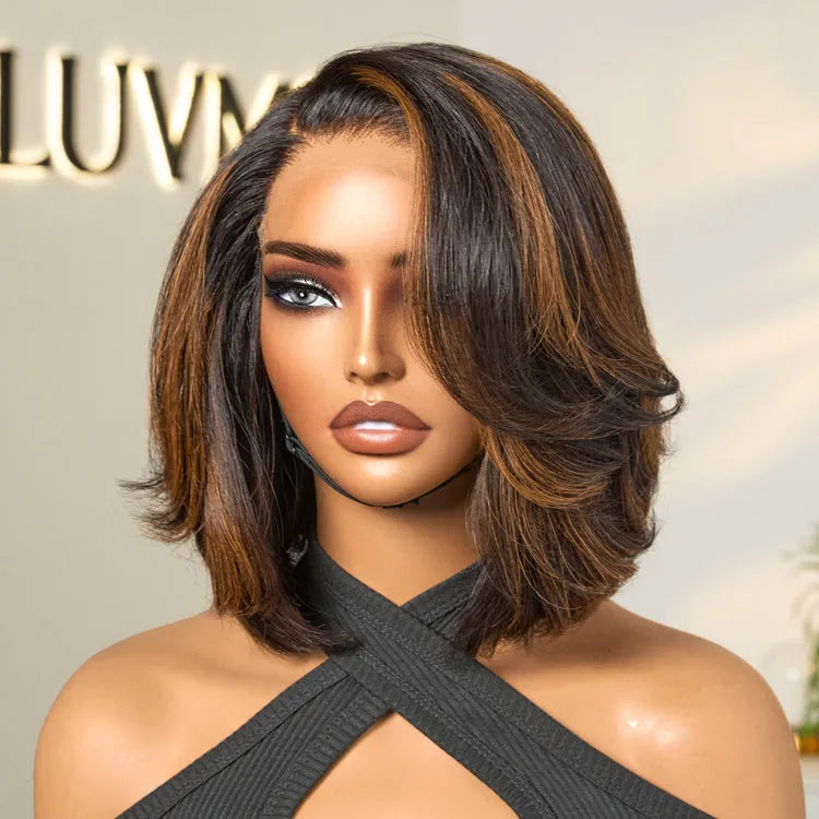 Trendy Brown Highlight Layered Bob Blowout Glueless 5x5 Lace Closure Wig 100% Human Hair Pre-Cut Lace