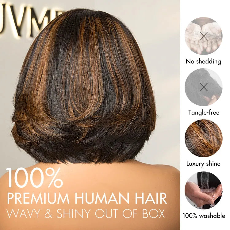 Trendy Brown Highlight Layered Bob Blowout Glueless 5x5 Lace Closure Wig 100% Human Hair Pre-Cut Lace