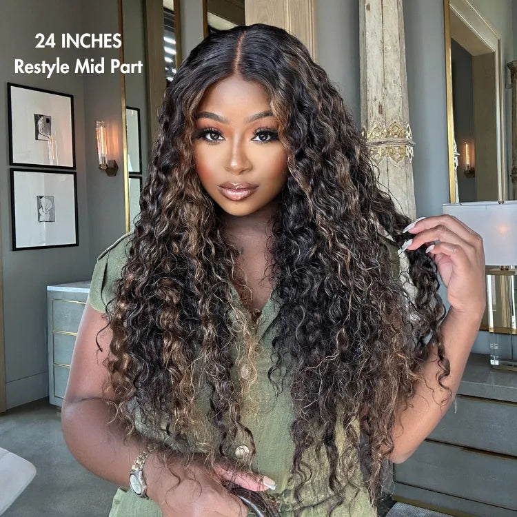 Brown Highlights Funmi Curly Glueless 5x5 Closure Lace Long Curly Wig Beginner Friendly- US Only