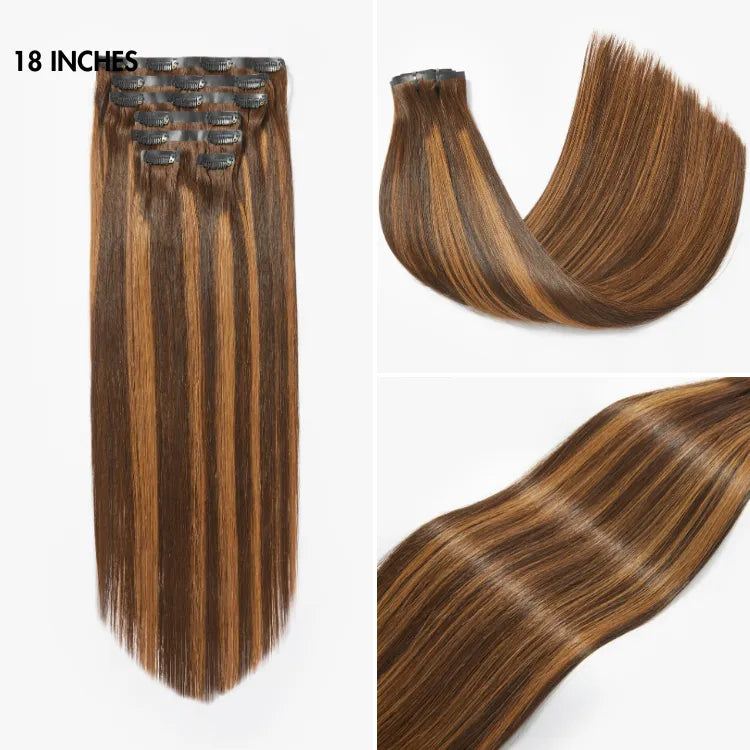 Seamless Brown Highlights Silky Straight Clip in Hair Extensions 135g 9pcs / 7pcs with Free Gift