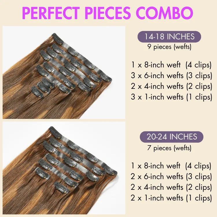 Seamless Brown Highlights Silky Straight Clip in Hair Extensions 135g 9pcs / 7pcs with Free Gift