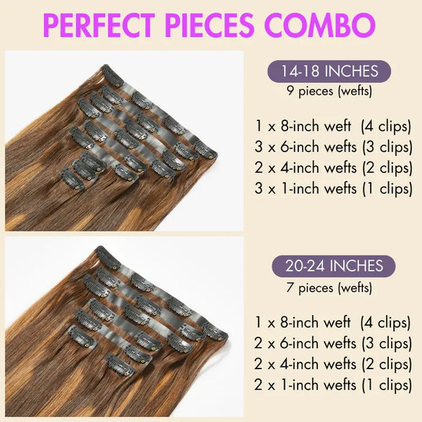 Seamless Brown Highlights Silky Straight Clip in Hair Extensions 135g 9pcs / 7pcs with Free Gift