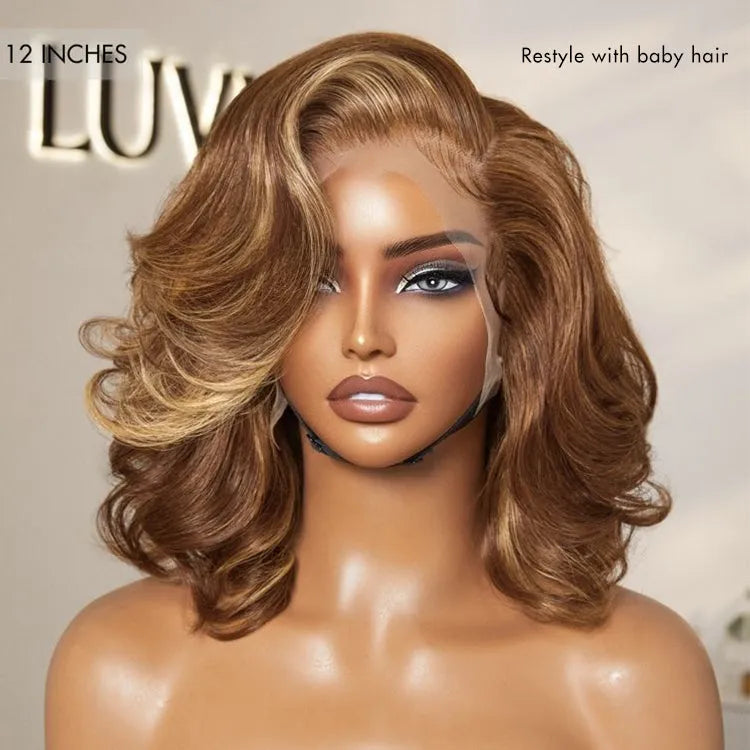 PreMax Wigs - Honey Brown with Blonde Highlights / Natural Black Bouncy Body Wave Glueless 13x4 Frontal Lace Human Hair Wig