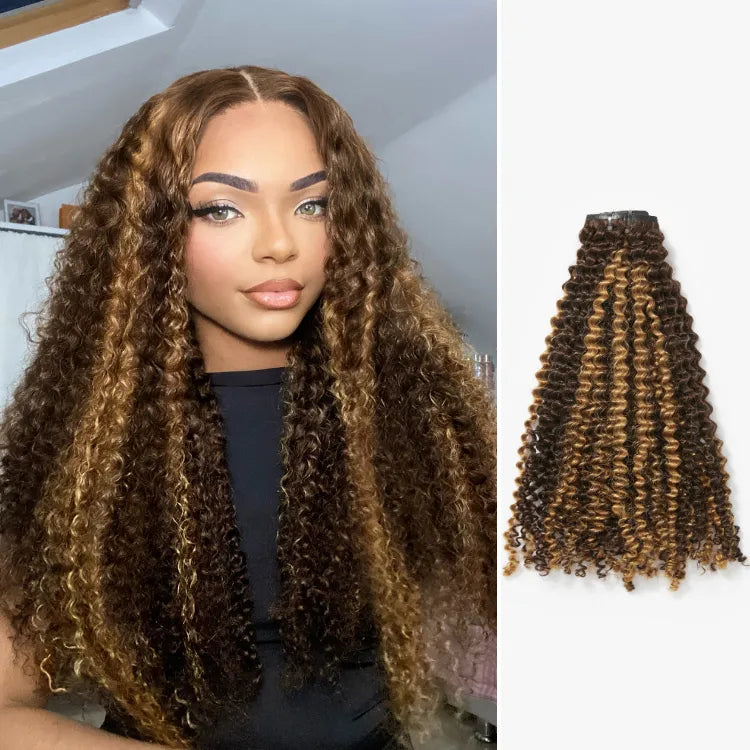 Seamless Brown Highlights Kinky Curly Clip in Hair Extensions 135g 9pcs / 7pcs with Free Gift Main image