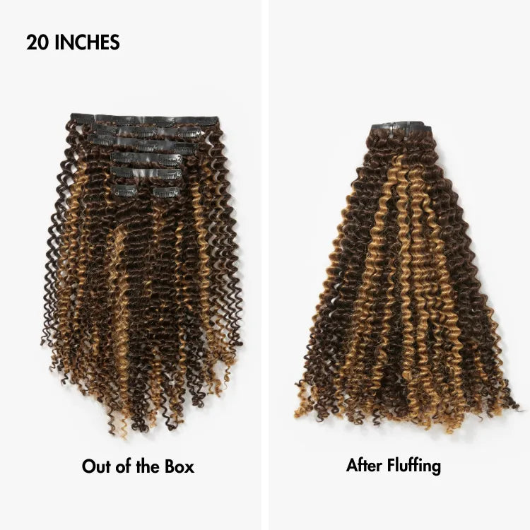 Seamless Brown Highlights Kinky Curly Clip in Hair Extensions 135g 9pcs / 7pcs with Free Gift
